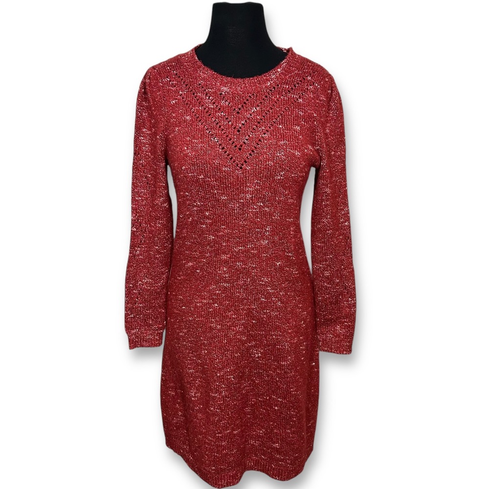 Talbots Sweater Dress Knit Pointelle Long Sleeve Casual Red Small Petite SP